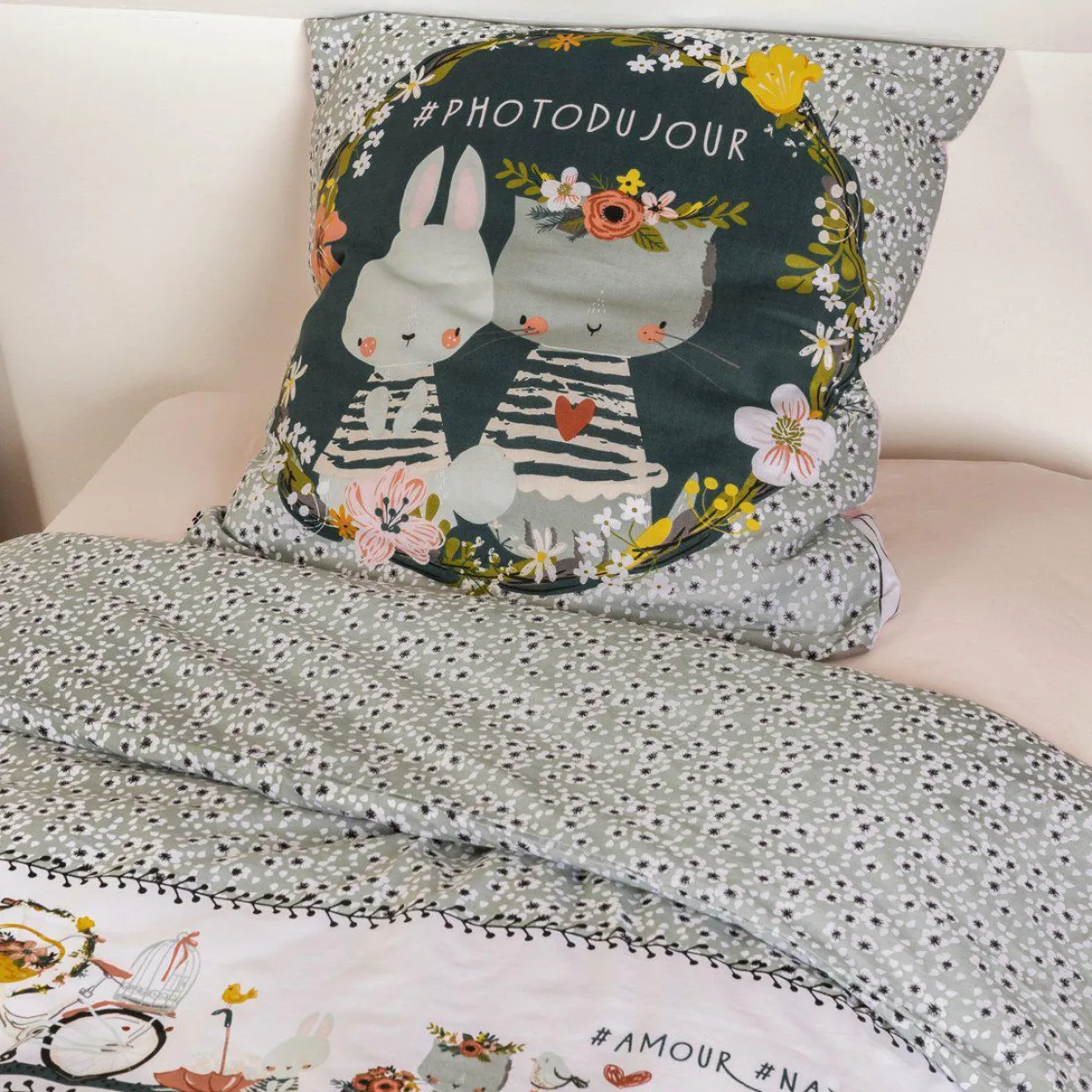 Housse de couette et une taie enfant coton (140 x 200 cm) Jardinage Multicolore