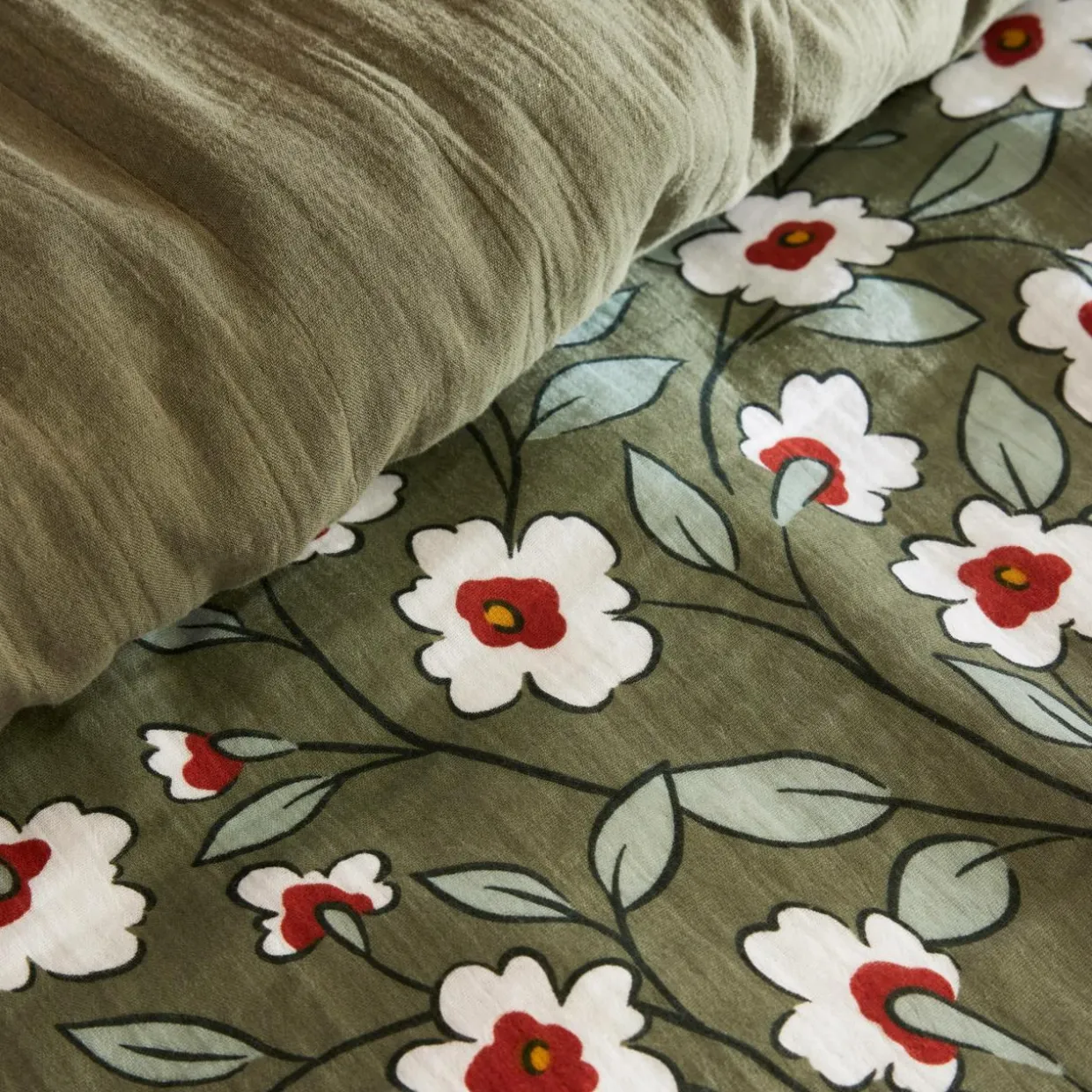 Housse de couette gaze de coton (240 x 220 cm) Gaïa marguerite Vert romarin