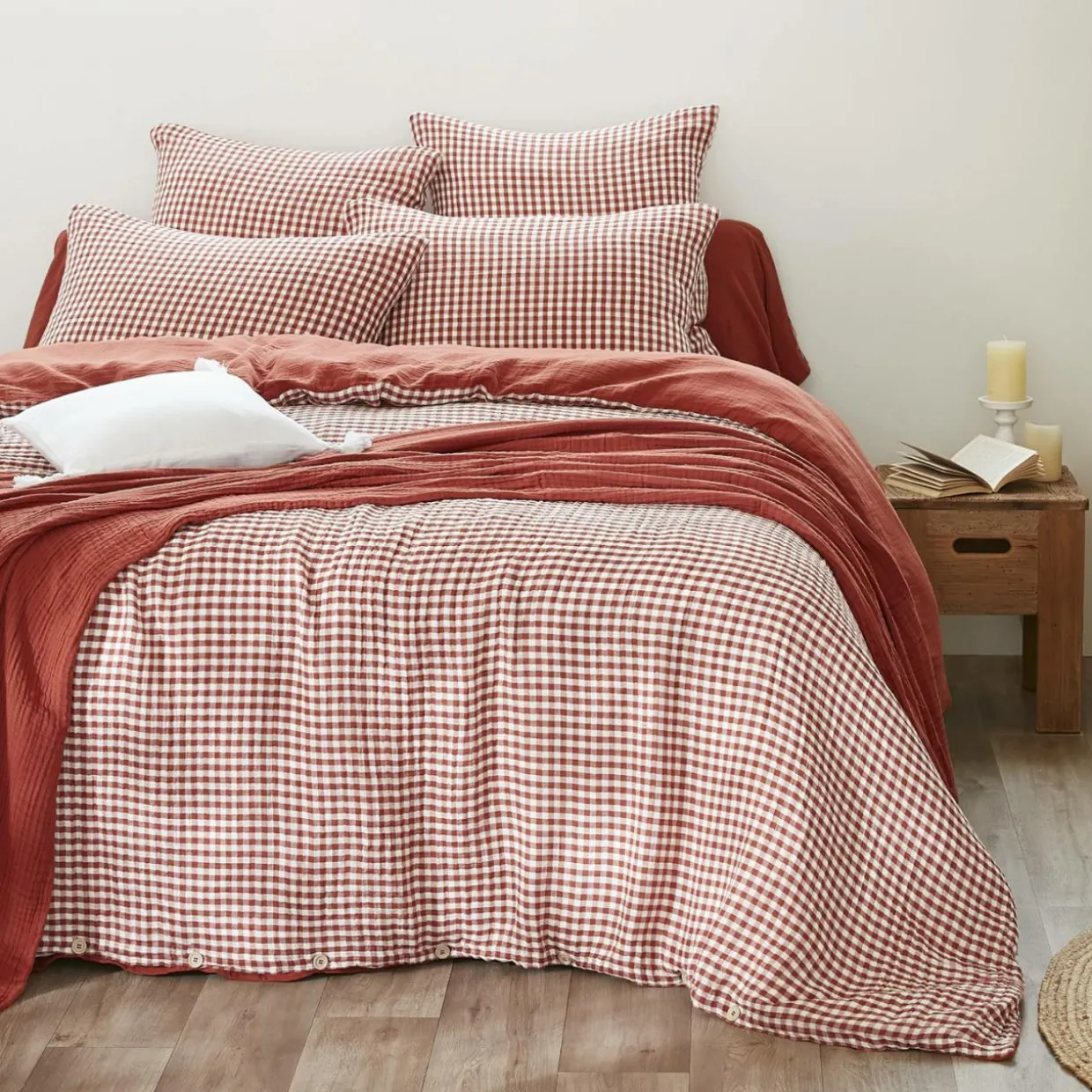 Housse de couette gaze de coton (280 x 240 cm) Gaïa vichy Terracotta