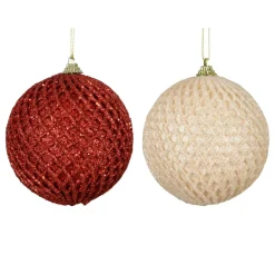 Lot de 12 boules de Noël (D100 mm) Carreaux et paillettes Rouge et perle