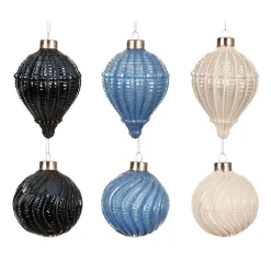 Lot de 12 boules de Noël en verre (D80 mm) Torsades Bleu et blanc