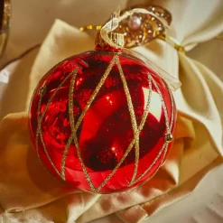Lot de 6 boules de Noël en verre (D80 mm) Prestige Rouge pailleté or