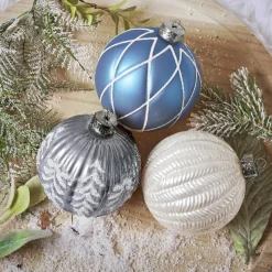 Lot de 12 boules de Noël en verre (D100 mm) Rêverie Bleu ciel, blanc et gris