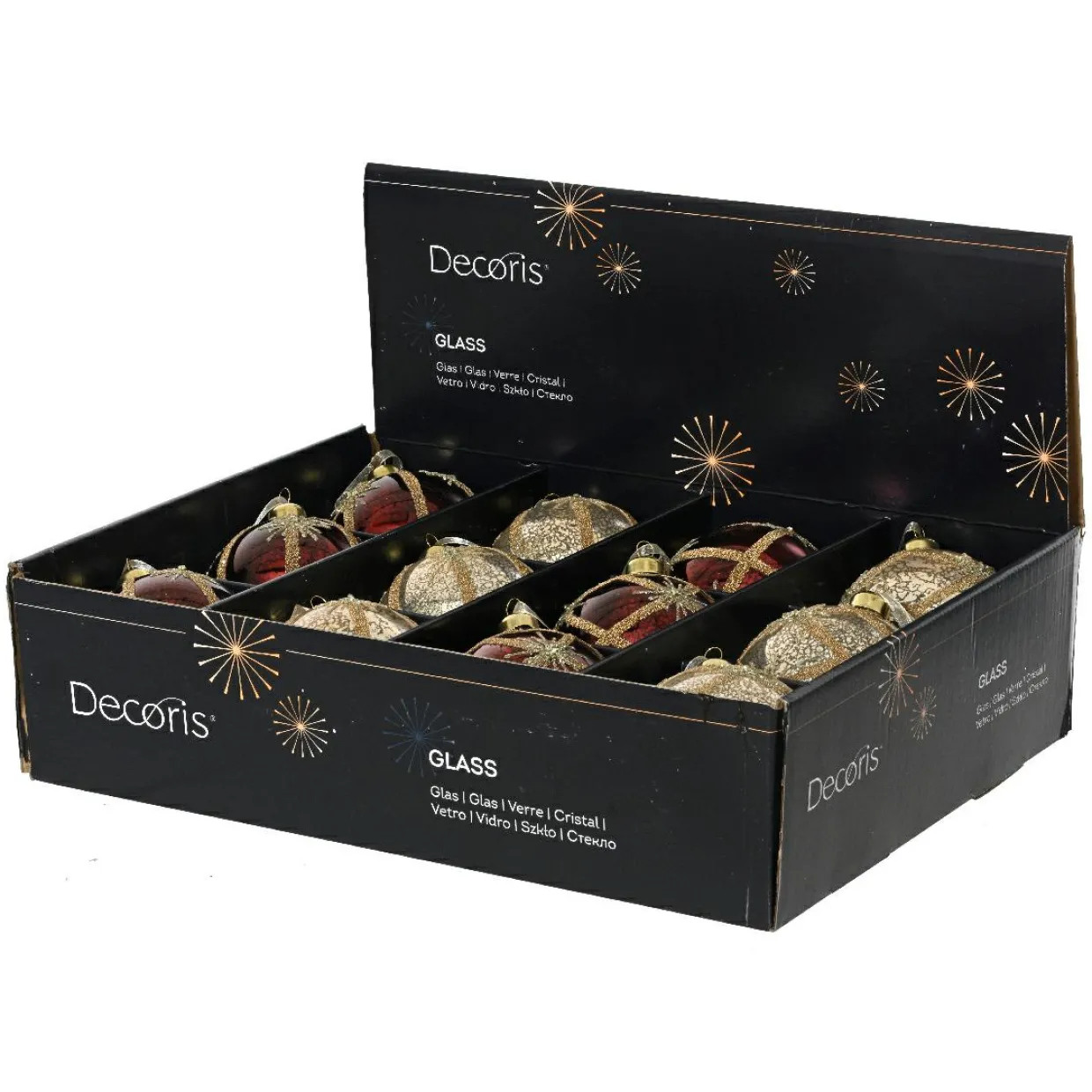 Lot de 12 boules de Noël en verre (D100mm) Feu d'artifice Perle et Bordeaux