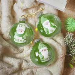 Lot de 12 boules de Noël en verre (D80 mm) Lutins joyeux Vert romarin