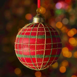 Lot de 3 boules de Noël en verre (D80 mm) Carreaux paillettés Rouge