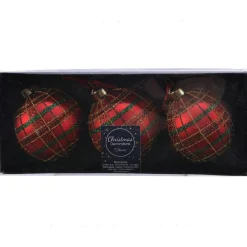 Lot de 3 boules de Noël en verre (D80 mm) Carreaux paillettés Rouge