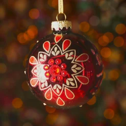Lot de 3 boules de Noël en verre (D80 mm) Folk Flower Rouge