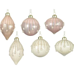 Lot de 12 boules de Noël en verre (D80 mm) Charme et perle Blanc laine et rose poudré
