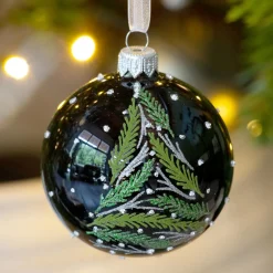 Lot de 6 boules de Noël en verre (D80 mm) Branches de sapin Noir