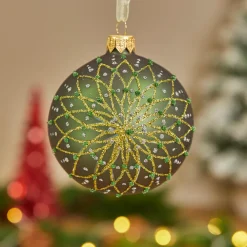 Lot de 6 boules de Noël en verre (D80 mm) Fleurs pailletées Vert sapin