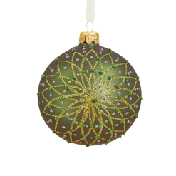 Lot de 6 boules de Noël en verre (D80 mm) Fleurs pailletées Vert sapin