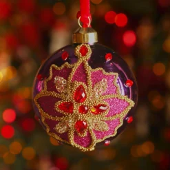 Lot de 3 Boules de Noël en verre (D80 mm) Dahlia Rouge