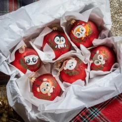 Lot de 6 boules de Noël en verre (D80 mm) Animaux Yeux de biche
