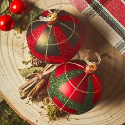 Lot de 6 boules de Noël en verre (D80 mm) Ecossais rouge et vert