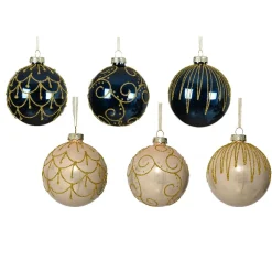 Lot de 12 boules de Noël en verre (D80 mm) Palais de France bleu nuit et perle
