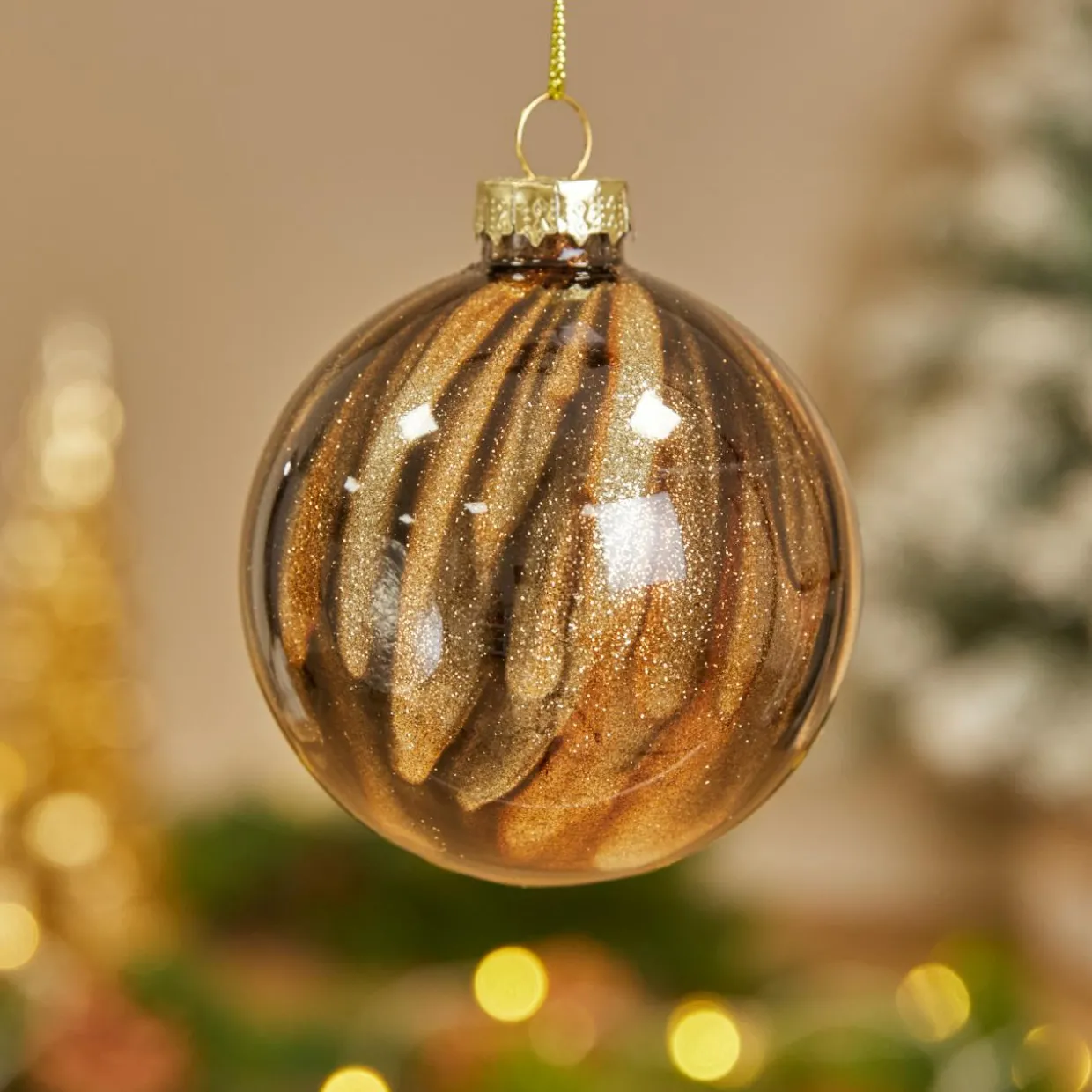 Lot de 12 boules de Noël en verre (D80 mm) New York Brun scintillant