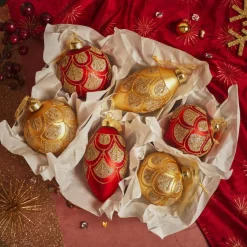 Lot de 12 boules de Noël en verre (D80 mm) Baroque Rouge et or