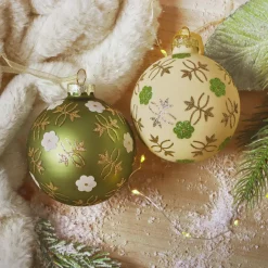 Lot de 12 boules de Noël en verre (D80 mm) Fleurs Nature Vert matcha et blanc