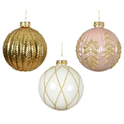 Lot de 12 boules de Noël en verre (D100 mm) Rêverie Or, rose et blanc