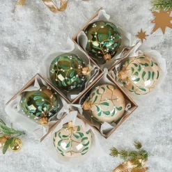 Lot de 6 boules de Noël en verre (D80 mm) Fleurs de gui Vert