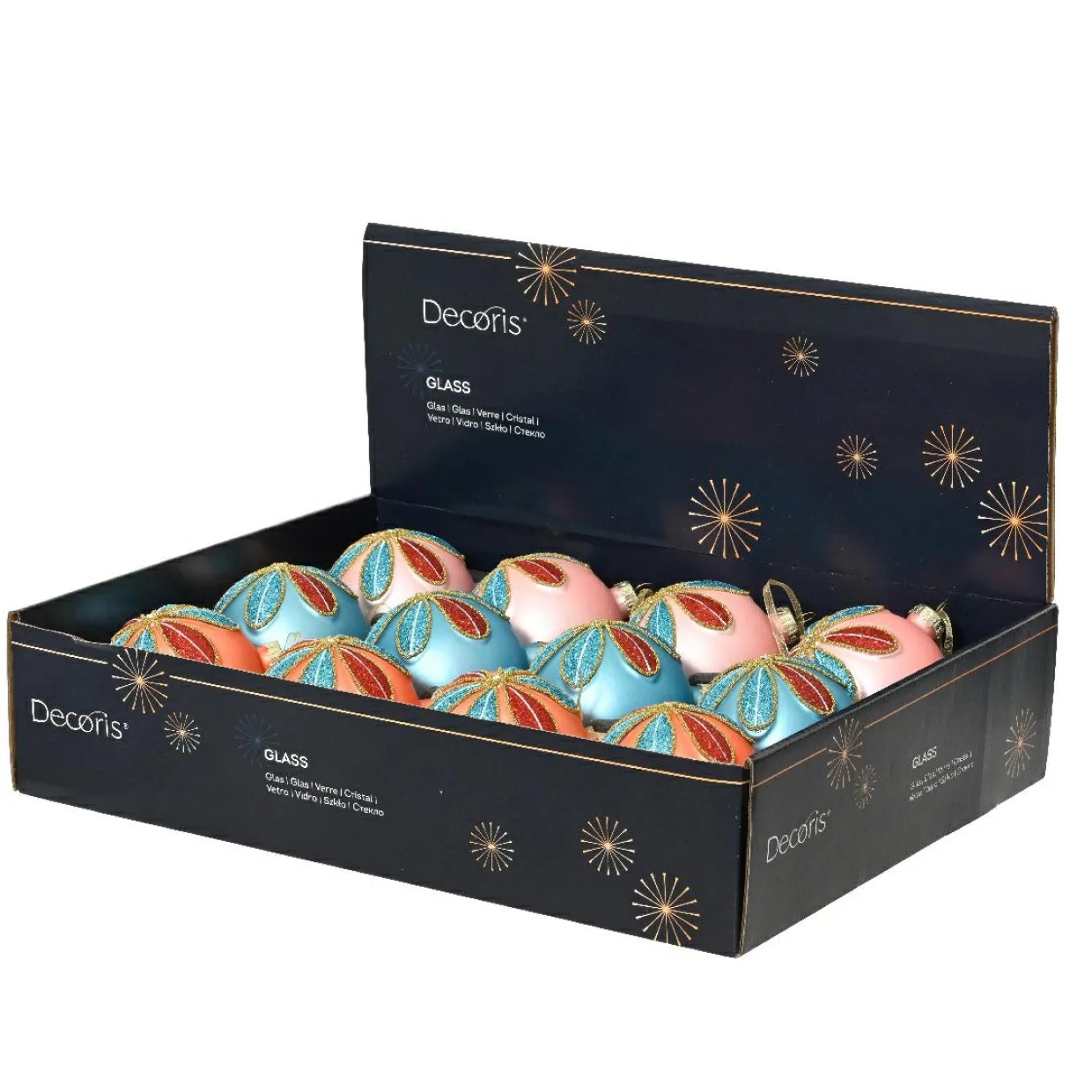 Lot de 12 boules de Noël en verre (D80 mm) Pétales pailletées Multicolore