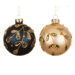 Lot de 12 boules de Noël en verre (D80 mm) Feuilles d'Or, bleu nuit et perle