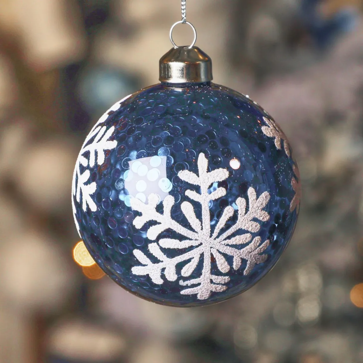 Lot de 3 boules de Noël en verre (D80 mm) Flocons et sequins Bleu nuit