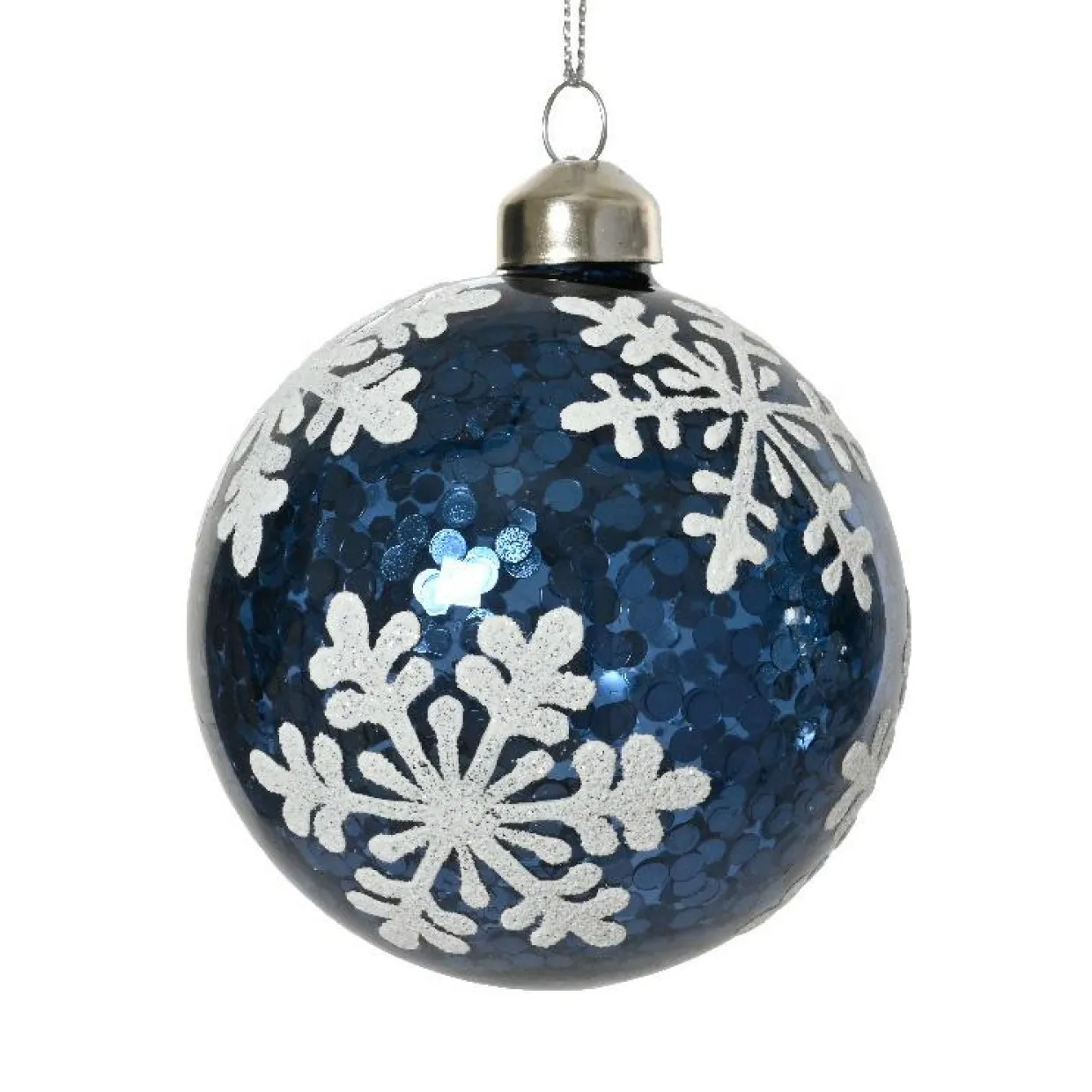 Lot de 3 boules de Noël en verre (D80 mm) Flocons et sequins Bleu nuit