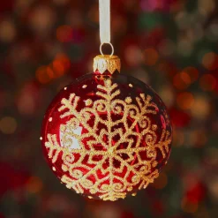 Lot de 6 boules de Noël en verre (D80 mm) Flocon pailleté Bordeaux