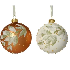 Lot de 6 boules de Noël en verre (D80 mm) Nature d'hiver Cognac et blanc laine