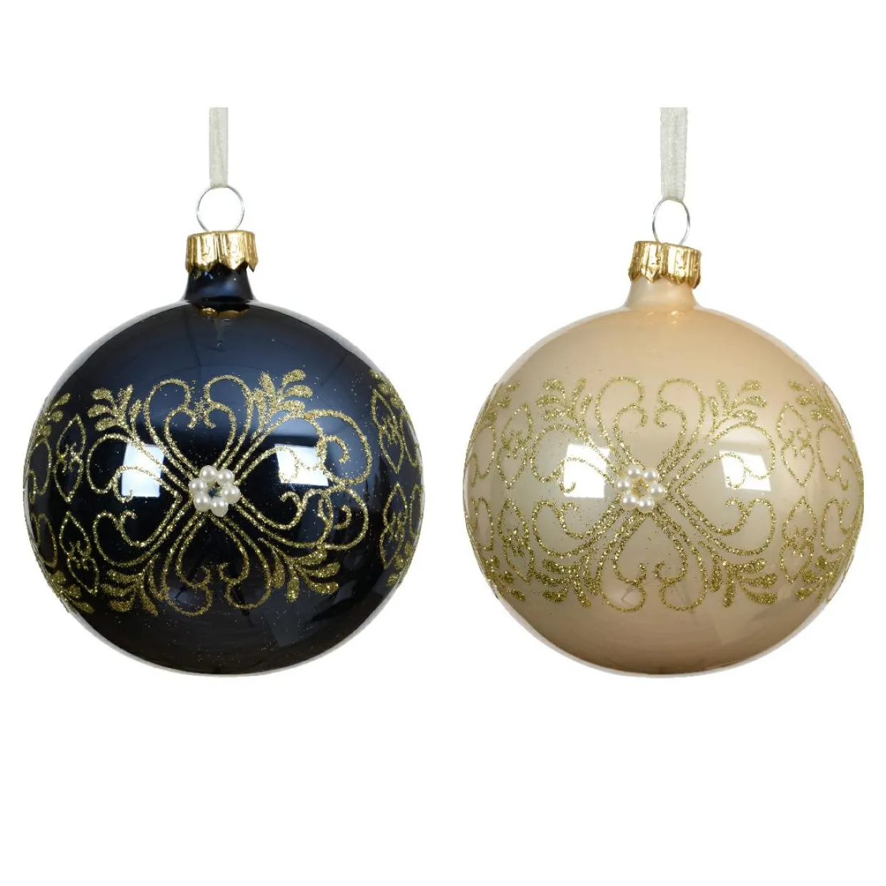 Lot de 6 boules de Noël en verre (D80 mm) Marie-Antoinette Bleu nuit et perle