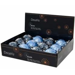 Lot de 12 boules de Noël en verre (D80 mm) Etincelles de Noël Bleu ciel et bleu nuit
