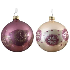 Lot de 6 boules de Noël en verre (D80 mm) Médaillon de neige Rose et perle