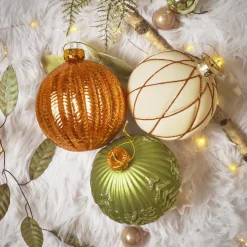Lot de 12 boules de Noël en verre (D100 mm) Rêverie Blanc laine, Cognac et Vert romarin