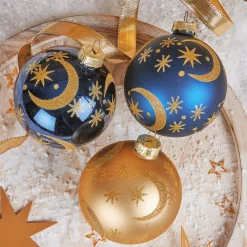 Lot de 12 boules de Noël en verre (D80 mm) Moon Bleu nuit et doré