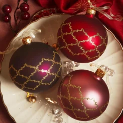 Lot de 6 boules de Noël en verre (D80 mm) Art Déco assorti Rouge