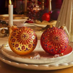 Lot de 6 boules de Noël en verre (D80 mm) Flocons Palazzo Rouge et or