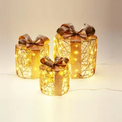 Lot de 3 cadeaux lumineux à piles 135 LED (H25 cm) Rond et chic Blanc chaud doré