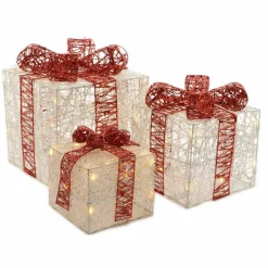 Lot de 3 cadeaux lumineux 65 LED (H25 cm) Santa blanc et Blanc chaud