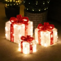 Lot de 3 cadeaux lumineux à piles 65 LED (H30 cm) Ruban Rouge et Blanc chaud