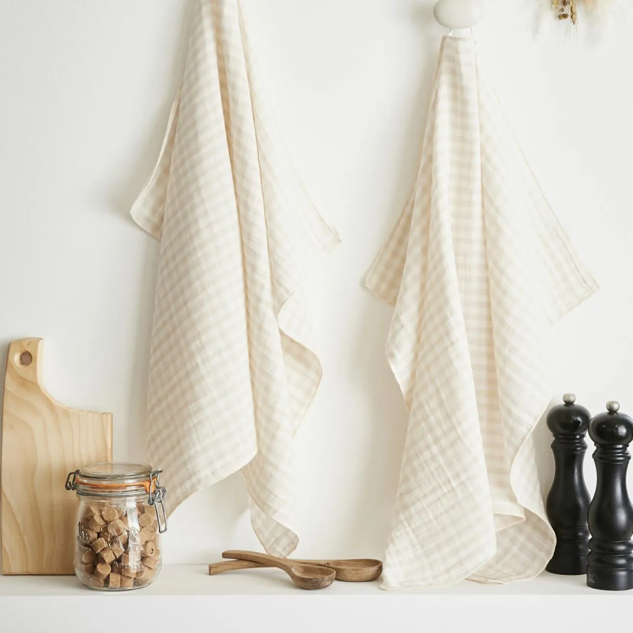 Lot de 2 essuie-main gaze de coton (50 x 70 cm) Gaïa vichy Beige