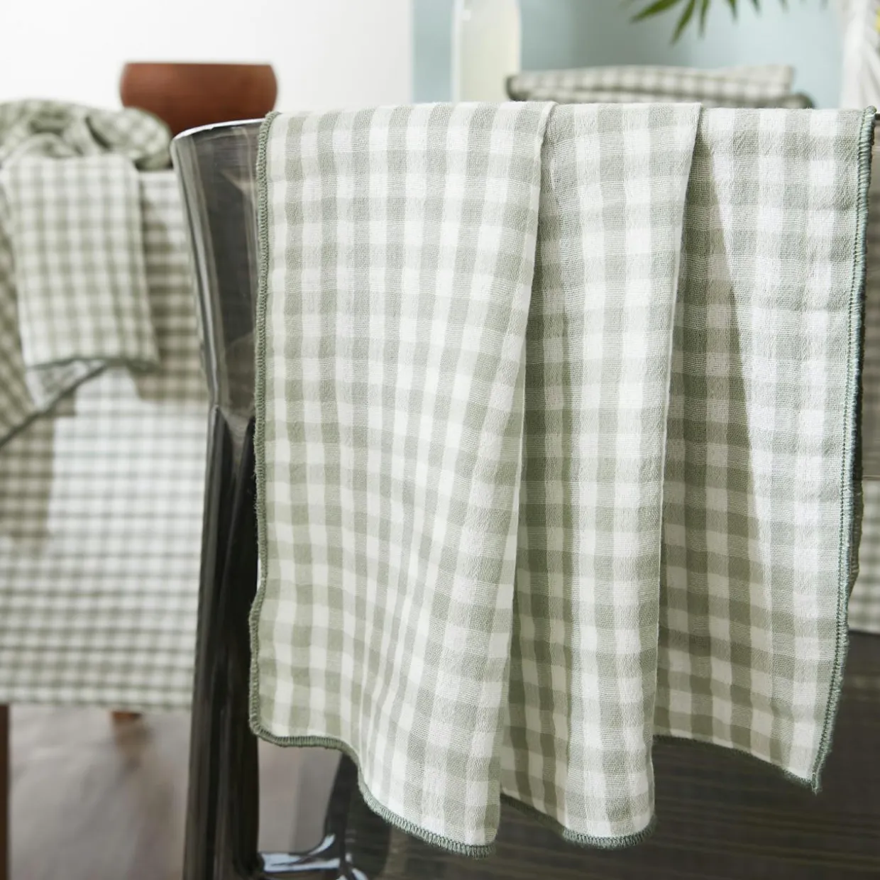 Lot de 2 essuie-main gaze de coton (50 x 70 cm) Gaïa vichy Vert eucalyptus