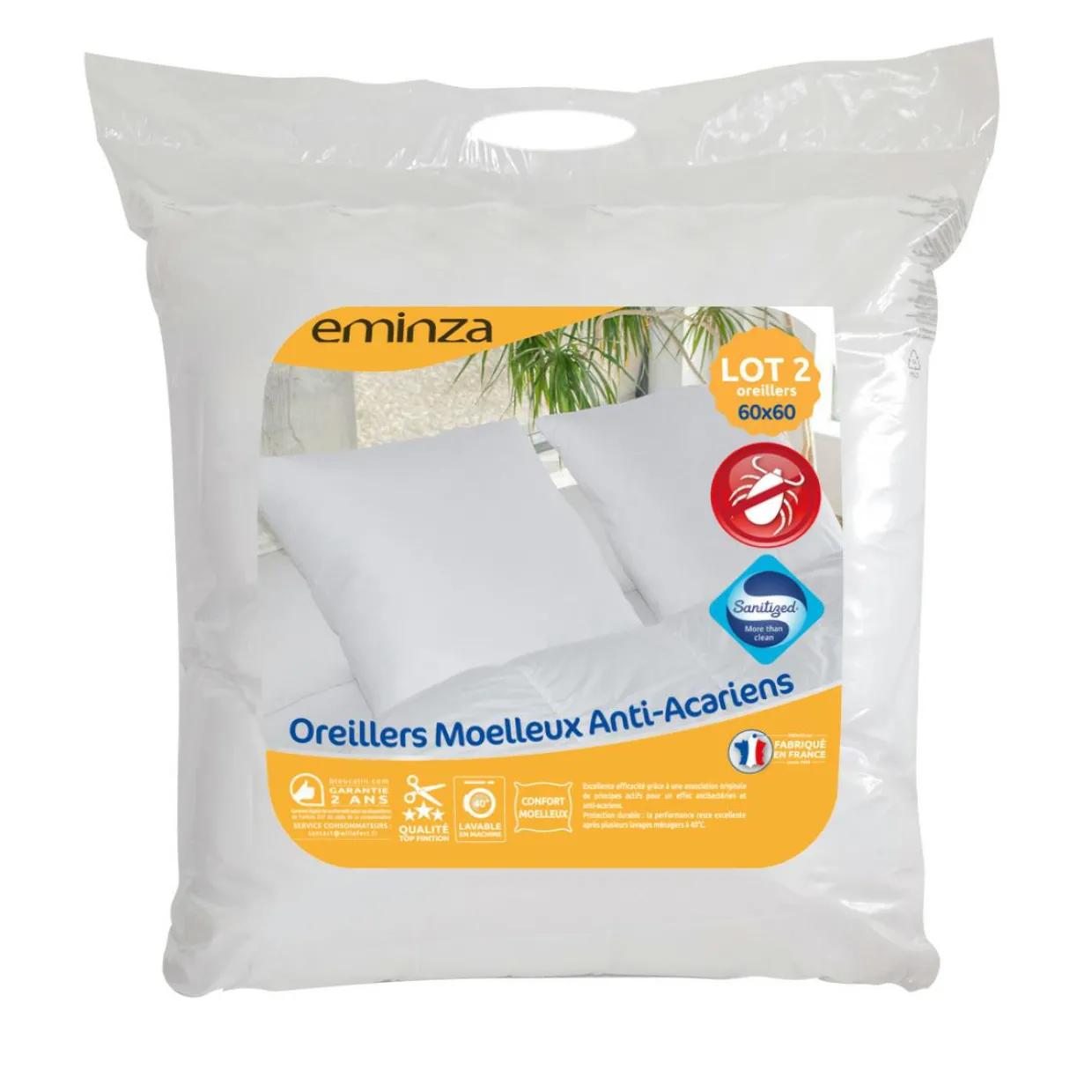 Lot de 2 oreillers carrés (60 x 60 cm) Moelleux Anti-acariens Blanc