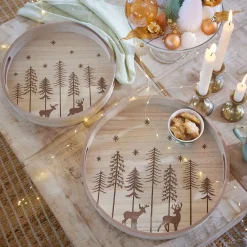 Lot de 2 plateaux ronds en bois (D34-D29 cm) Sapins de Noël