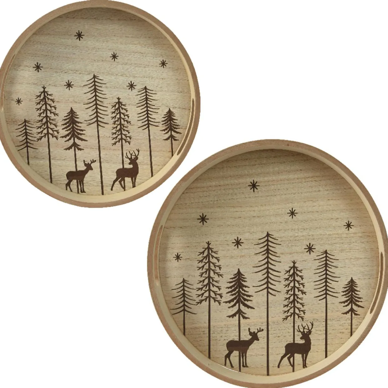 Lot de 2 plateaux ronds en bois (D34-D29 cm) Sapins de Noël