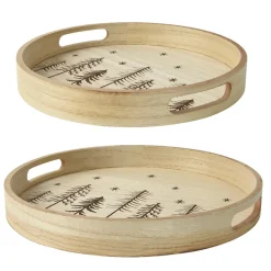 Lot de 2 plateaux ronds en bois (D34-D29 cm) Sapins de Noël