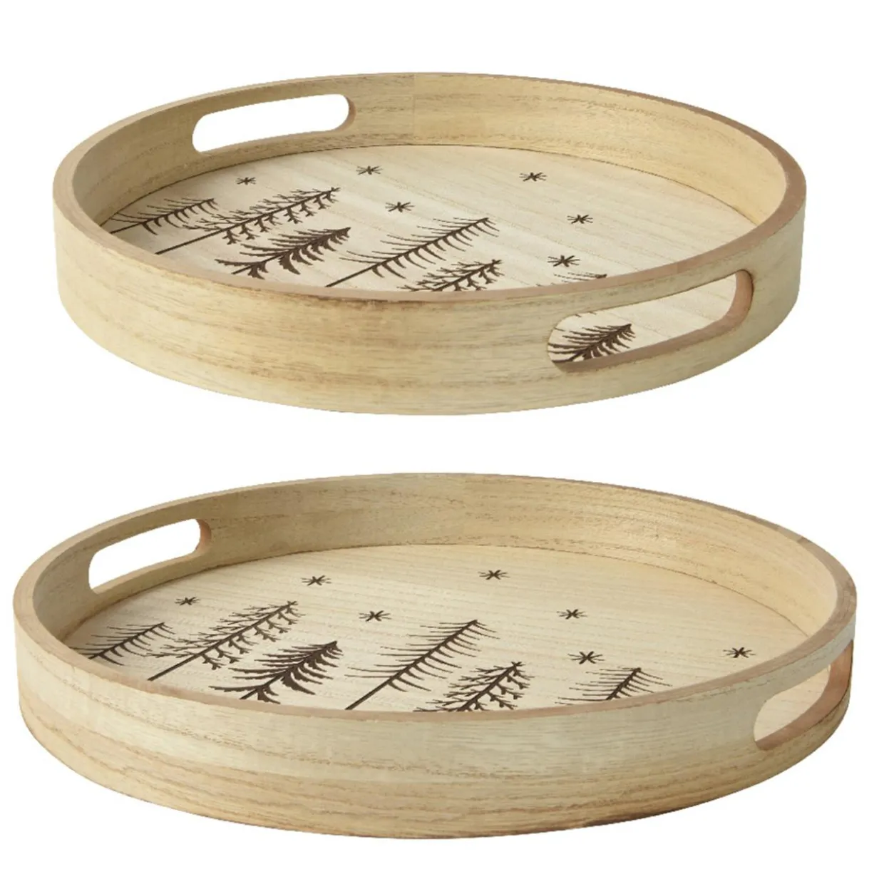 Lot de 2 plateaux ronds en bois (D34-D29 cm) Sapins de Noël