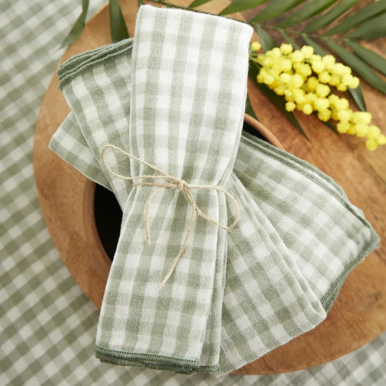 Lot de 3 serviettes gaze de coton (40 x 40 cm) Gaïa vichy Vert eucalyptus