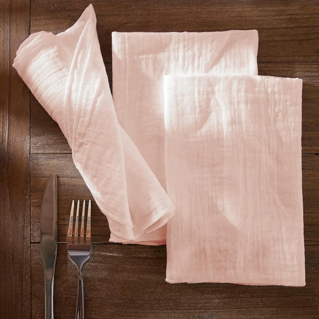 Lot de 3 serviettes gaze de coton (40 x 40 cm) Gaïa Rose poudré